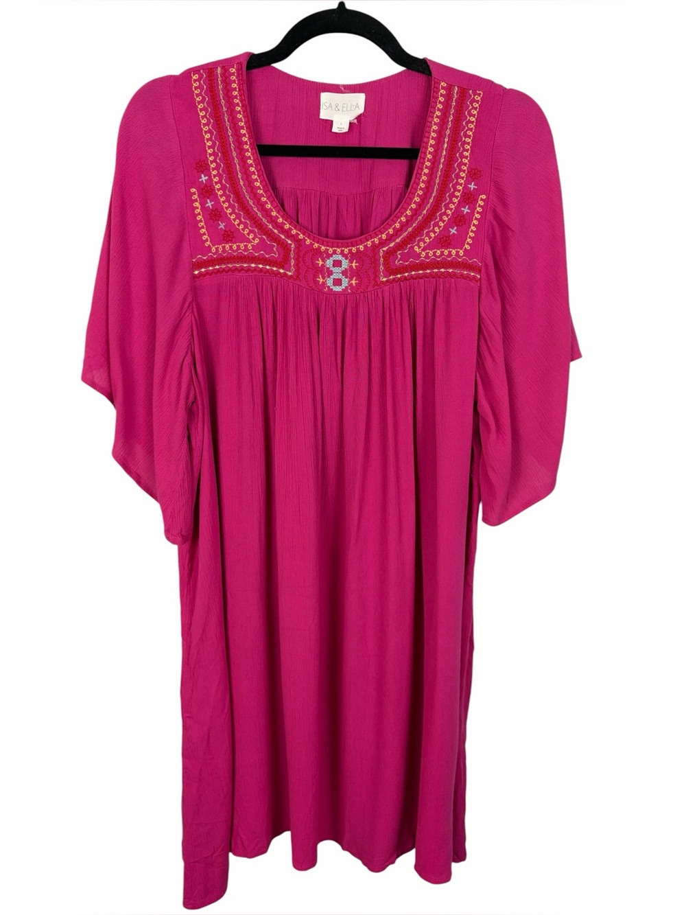 Isa & Ella Embroidered Boho Tunic Top Dress Large Pink Fuchsia Flutter Sleeve